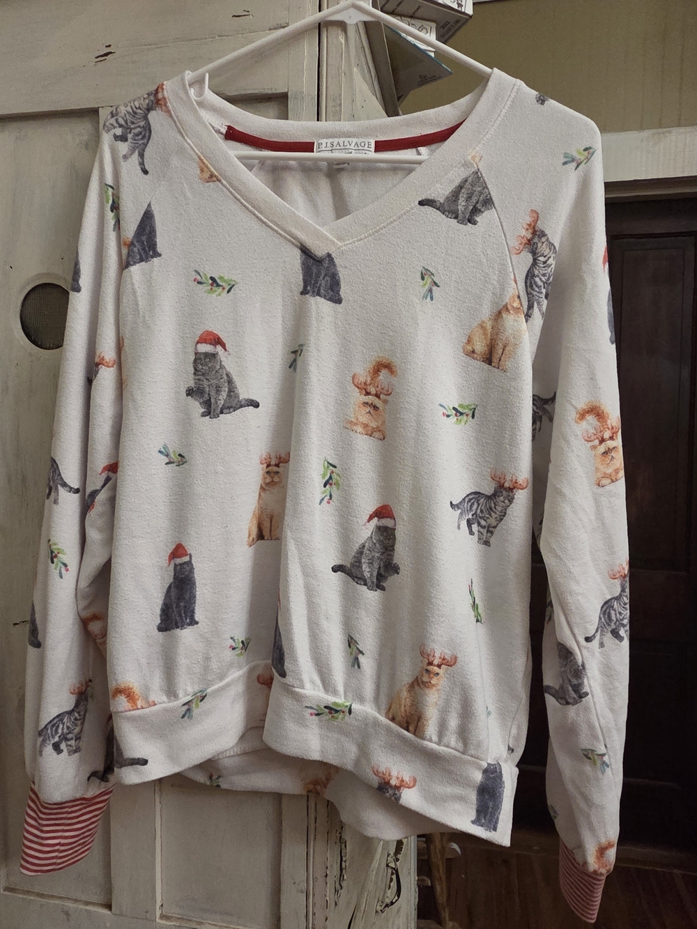 P.J. Salvage White Holiday Cat & Reindeer Pajama Top with Red Trim